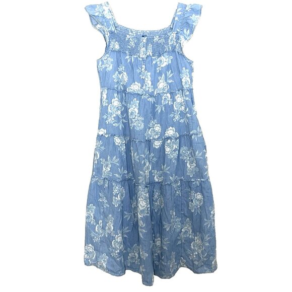 Old Navy Blue Floral Tiered Smocked Midi Dress Medium Flutter Sleeve Cottagecore - Picture 2 of 11